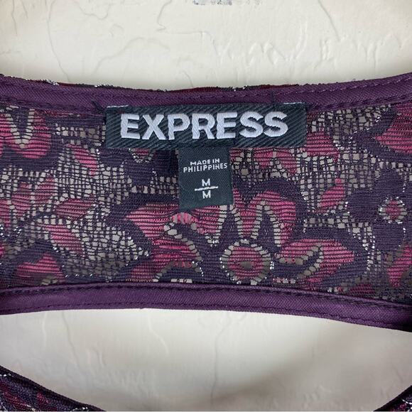 Express Floral Metallic Lace Long Sleeve Dress Purple Womens Sz M Party Preppy - Picture 11 of 12